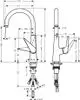 Chromfarbener Spültischmischer von Hansgrohe mit einem hochausziehbaren Auslauf und temperatur-und durchflussregelbarem Bedienhebel. Technische Zeichnung mit Maßen und Anschlussdetails.